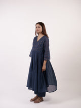 Blue Hand-Embroidered Chanderi V-Neck Kurta
