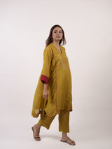 Yellow Hand-Embroidered Chanderi V-Neck Kurta