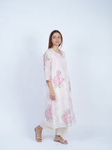 Pink Chanderi Round-Neck Floral Printed Flared Kurta