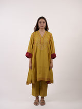 Yellow Hand-Embroidered Chanderi V-Neck Kurta