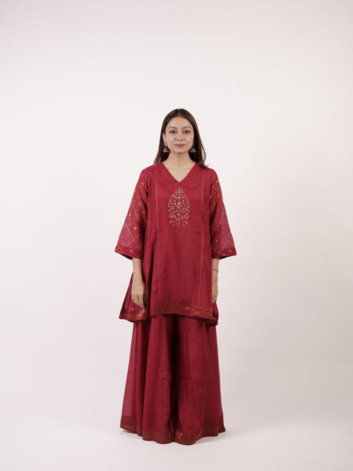 Maroon Hand-Embroidered Chanderi Kurta & Sharara Co-ord Set