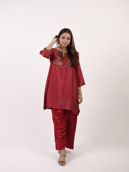 Maroon Hand-Embroidered Dupion Silk Tunic