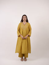 Yellow Hand-Embroidered Chanderi V-Neck Kurta