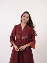 Maroon Hand-Embroidered Chanderi V-Neck Kurta