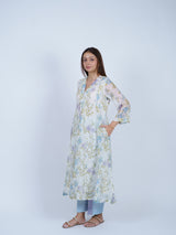White & Blue Floral Hand-Printed Chanderi Kurta