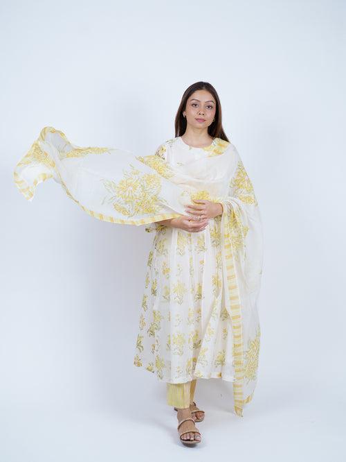 Yellow Floral Hand-Printed Chanderi Dupatta