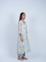 White & Blue Floral Hand-Printed Chanderi Kurta