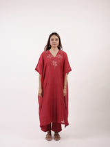 Maroon V-Neck Floral Embroidered Chanderi Kaftan