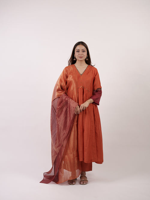 Dual-Tone Rust & Wine Silver-Gold Plated Zari Dupatta