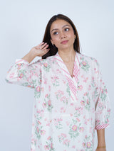 White Cotton Floral Kurta with Striped V-Neckline