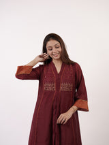 Maroon Hand-Embroidered Chanderi V-Neck Kurta