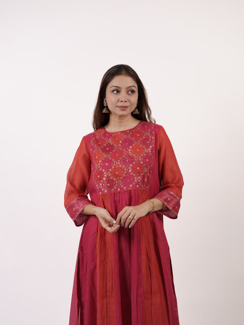 Pink & Orange Pittan Embroidered Chanderi Kurta