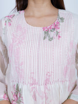 Pink Chanderi Round-Neck Floral Printed Flared Kurta
