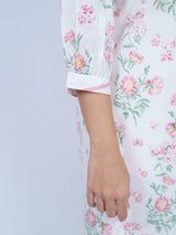 White Cotton Floral Kurta with Striped V-Neckline