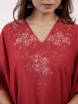 Maroon V-Neck Floral Embroidered Chanderi Kaftan