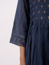 Blue Hand-Embroidered Chanderi V-Neck Kurta