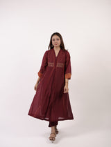 Maroon Hand-Embroidered Chanderi V-Neck Kurta