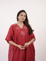 Maroon V-Neck Floral Embroidered Chanderi Kaftan
