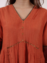 Orange Chanderi Pin-Tuck Flared Kurta with Accent Sleeves