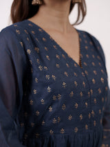 Blue Hand-Embroidered Chanderi V-Neck Kurta