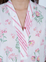 White Cotton Floral Kurta with Striped V-Neckline