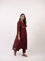 Maroon Hand-Embroidered Chanderi V-Neck Kurta