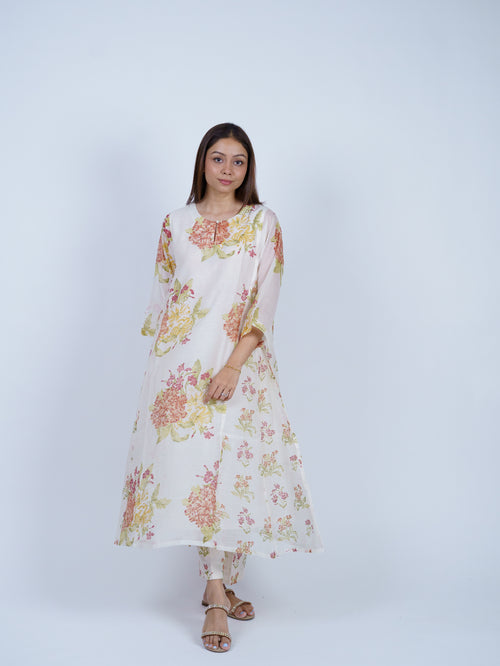 White Floral Hand Block Printed Chanderi Kurta
