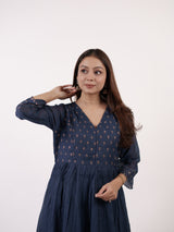 Blue Hand-Embroidered Chanderi V-Neck Kurta