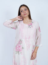 Pink Chanderi Round-Neck Floral Printed Flared Kurta