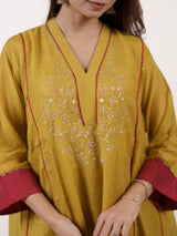 Yellow Hand-Embroidered Chanderi V-Neck Kurta