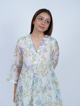 White & Blue Floral Hand-Printed Chanderi Kurta