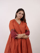 Orange Chanderi Pin-Tuck Flared Kurta with Accent Sleeves