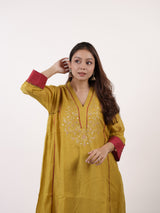 Yellow Hand-Embroidered Chanderi V-Neck Kurta
