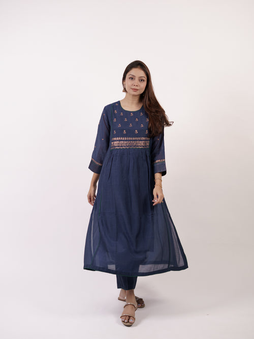 Blue Hand-Embroidered Chanderi Kurta