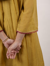 Yellow Hand-Embroidered Chanderi V-Neck Kurta