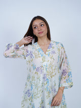 White & Blue Floral Hand-Printed Chanderi Kurta