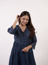 Blue Hand-Embroidered Chanderi V-Neck Kurta