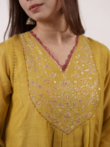 Yellow Hand-Embroidered Chanderi V-Neck Kurta