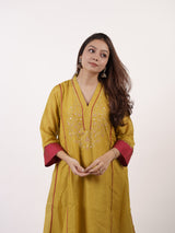 Yellow Hand-Embroidered Chanderi V-Neck Kurta