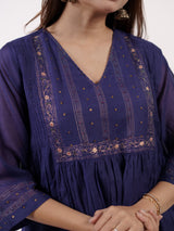 Blue Floral Motif & Zari Embroidered Festive Kurta