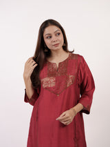 Maroon Hand-Embroidered Dupion Silk Tunic