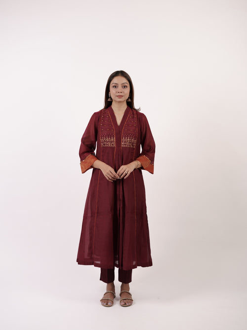 Maroon Hand-Embroidered Chanderi V-Neck Kurta