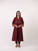 Maroon Hand-Embroidered Chanderi V-Neck Kurta