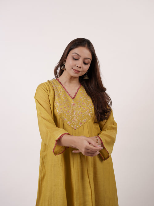 Yellow Hand-Embroidered Chanderi V-Neck Kurta