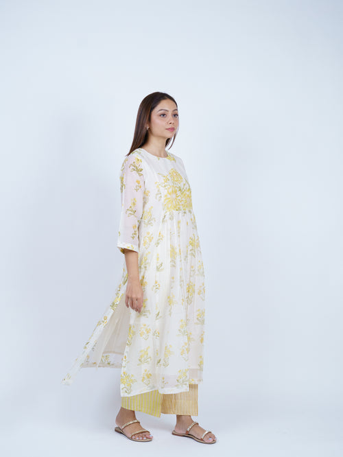 Yellow Floral Hand Block Printed Chanderi Kurta