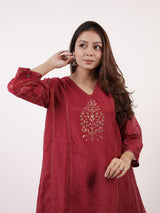 Maroon Hand-Embroidered Chanderi Kurta & Sharara Co-ord Set