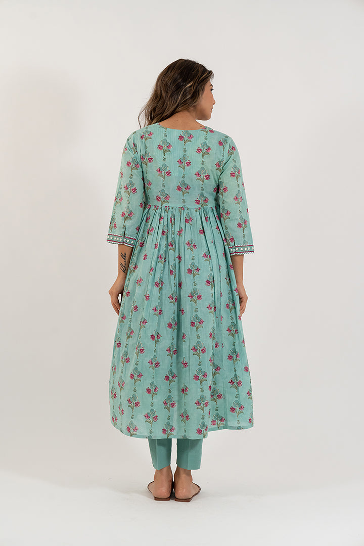 Cotton Hand Block Printed Dress - Turquoise Green