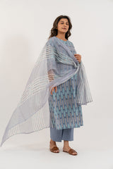 Cotton Kota Doria Hand Block Printed Dupatta - Slate Blue