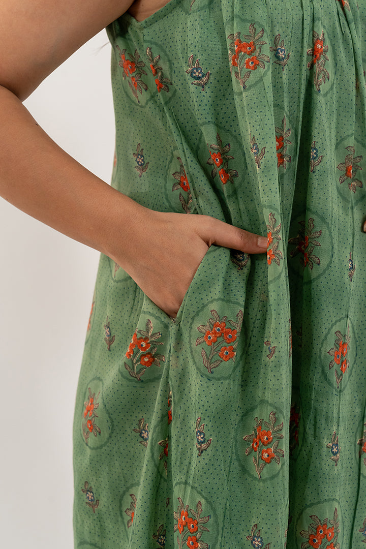 Cotton Hand Block Printed Dress - Green