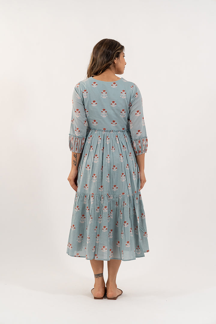 Cotton Printed Dress - Slate Blue
